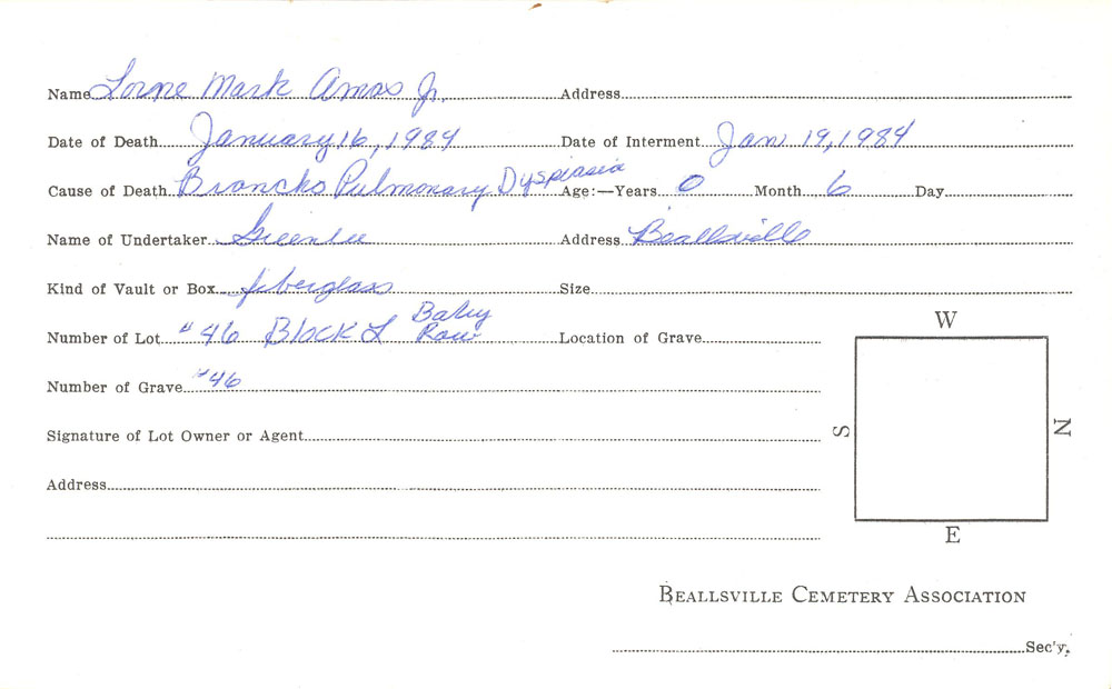 Lorne Mark Amos Jr. burial card